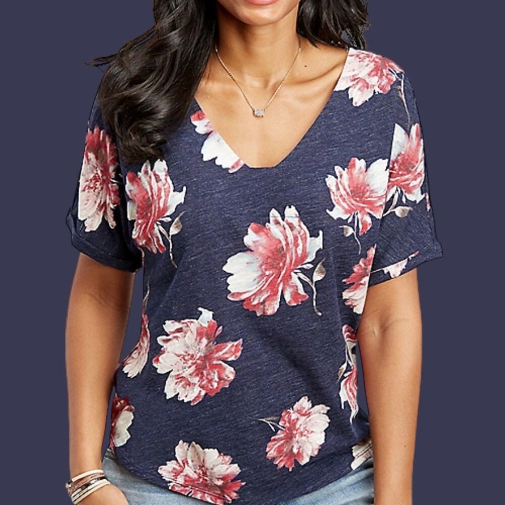 MAURICE'S 24/7 "Roadtrip Tee" Dark Floral Knit Pullover Square V-neck - Size XXL